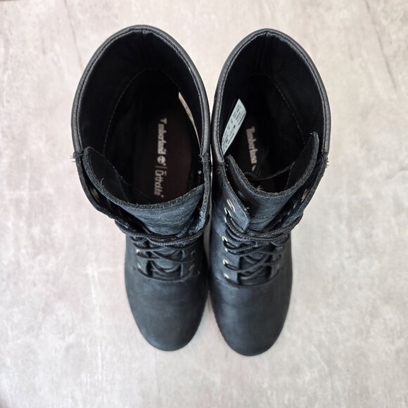 Timberland Chunky Block Heel Booties Sz 9 Leather Lace Up Hiker Heeled Boots - Picture 4 of 13